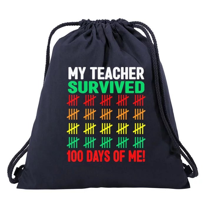 My Teacher Survived Funny 100 Days Of School Drawstring Bag