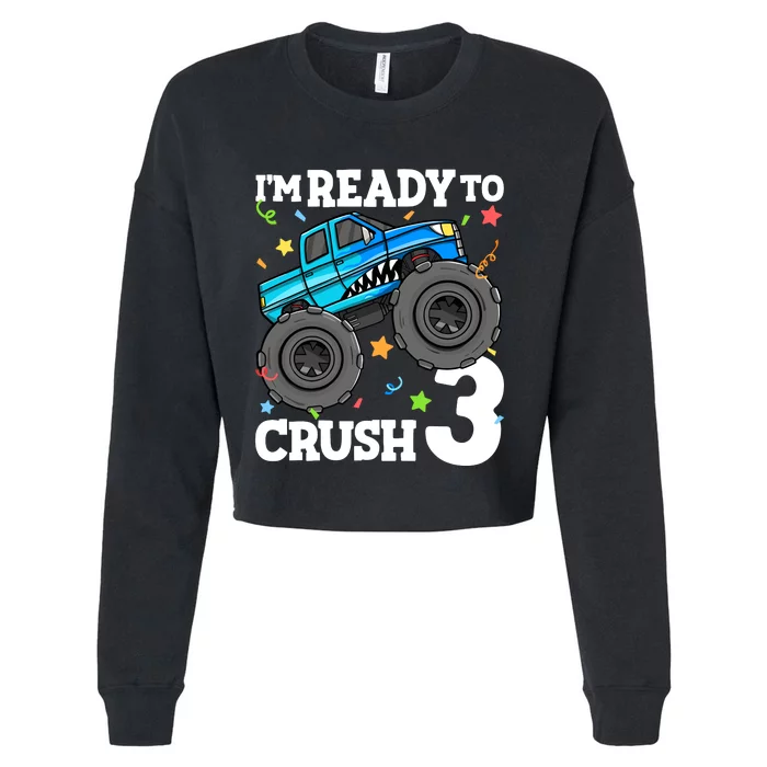 Monster Truck Shark 3rd Birthday Boy 3 Three Cropped Pullover Crew