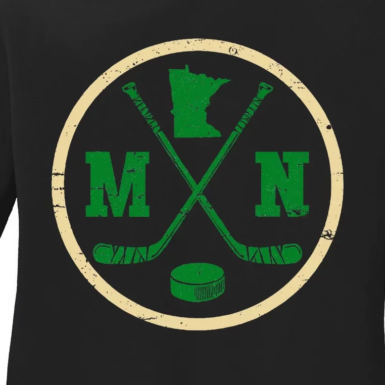 Mn The State Of Hockey Player Retro Minnesota Mn Ice Hockey Ladies Long Sleeve Shirt