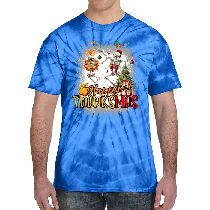 Merry Thanksmas Skeleton Dancing Thanksgiving Christmas Gift Tie-Dye T-Shirt