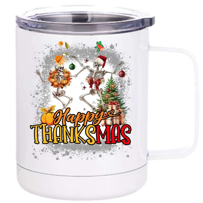 Merry Thanksmas Skeleton Dancing Thanksgiving Christmas Gift Front & Back 12oz Stainless Steel Tumbler Cup