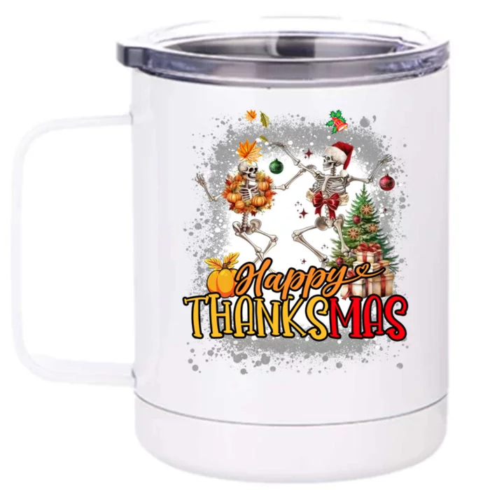 Merry Thanksmas Skeleton Dancing Thanksgiving Christmas Gift Front & Back 12oz Stainless Steel Tumbler Cup