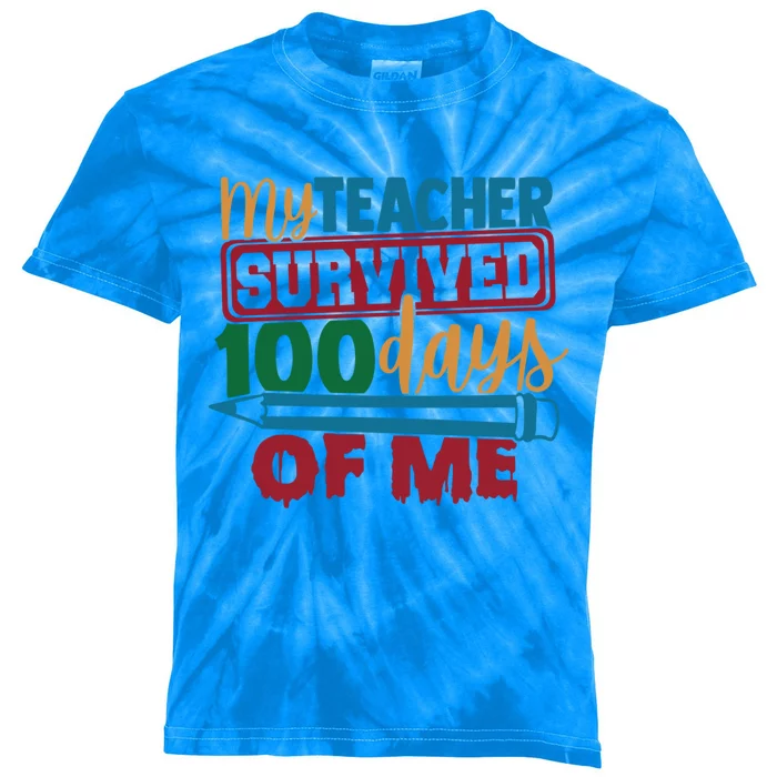 My Teacher Survived 100 Days Of Me Blue Colored Pencils Gift Kids Tie-Dye T-Shirt