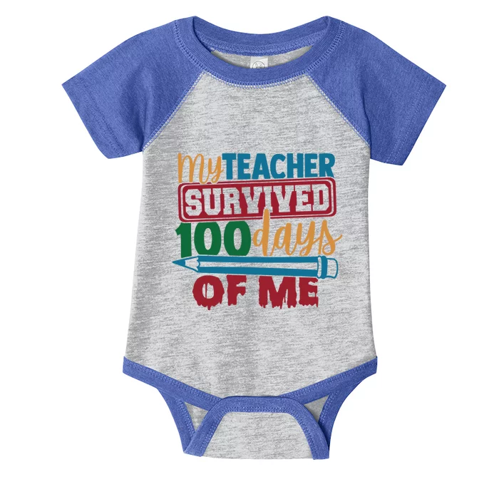 My Teacher Survived 100 Days Of Me Blue Colored Pencils Gift Infant Baby Jersey Bodysuit