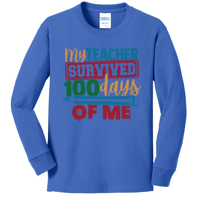 My Teacher Survived 100 Days Of Me Blue Colored Pencils Gift Kids Long Sleeve Shirt