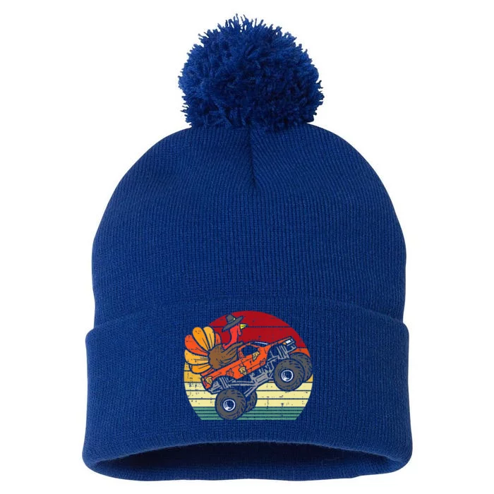 Monster Truck Turkey Sunset Retro Thanksgiving Pom Pom 12in Knit Beanie