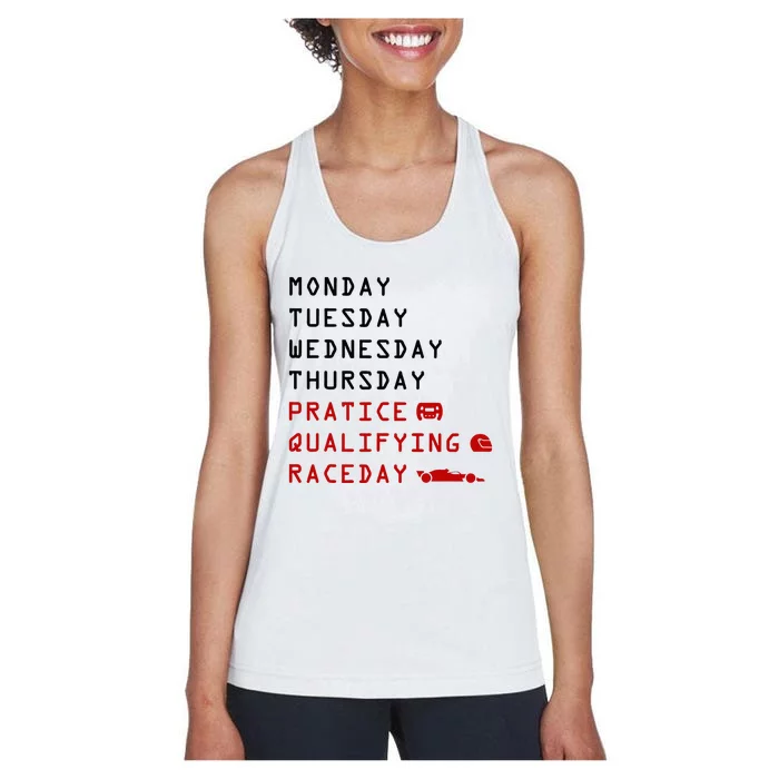 Monday Tuesday Thursday Practice Qualifying Race Day Women's Racerback Tank