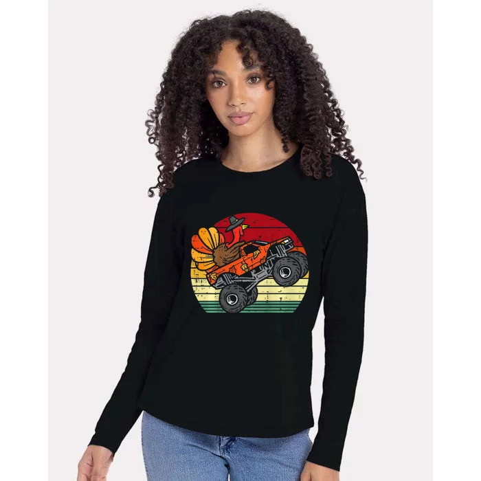 Monster Truck Turkey Sunset Retro Thanksgiving Womens Cotton Relaxed Long Sleeve T-Shirt