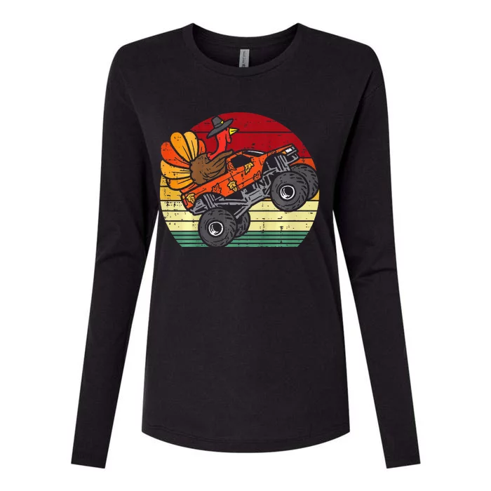 Monster Truck Turkey Sunset Retro Thanksgiving Womens Cotton Relaxed Long Sleeve T-Shirt