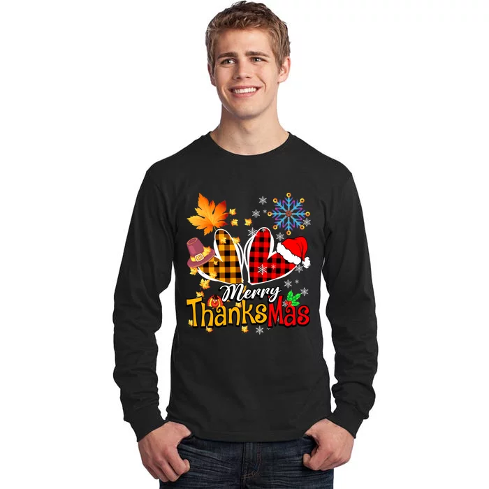 Merry Thanksmas Thanksgiving Christmas Heart Plaid Lover Tall Long Sleeve T-Shirt