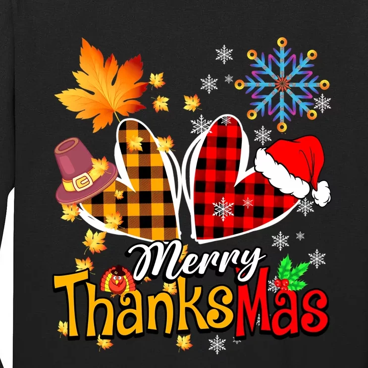 Merry Thanksmas Thanksgiving Christmas Heart Plaid Lover Tall Long Sleeve T-Shirt