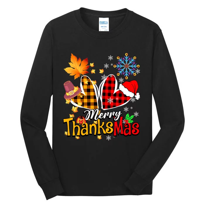 Merry Thanksmas Thanksgiving Christmas Heart Plaid Lover Tall Long Sleeve T-Shirt