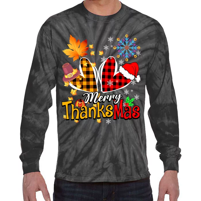 Merry Thanksmas Thanksgiving Christmas Heart Plaid Lover Tie-Dye Long Sleeve Shirt