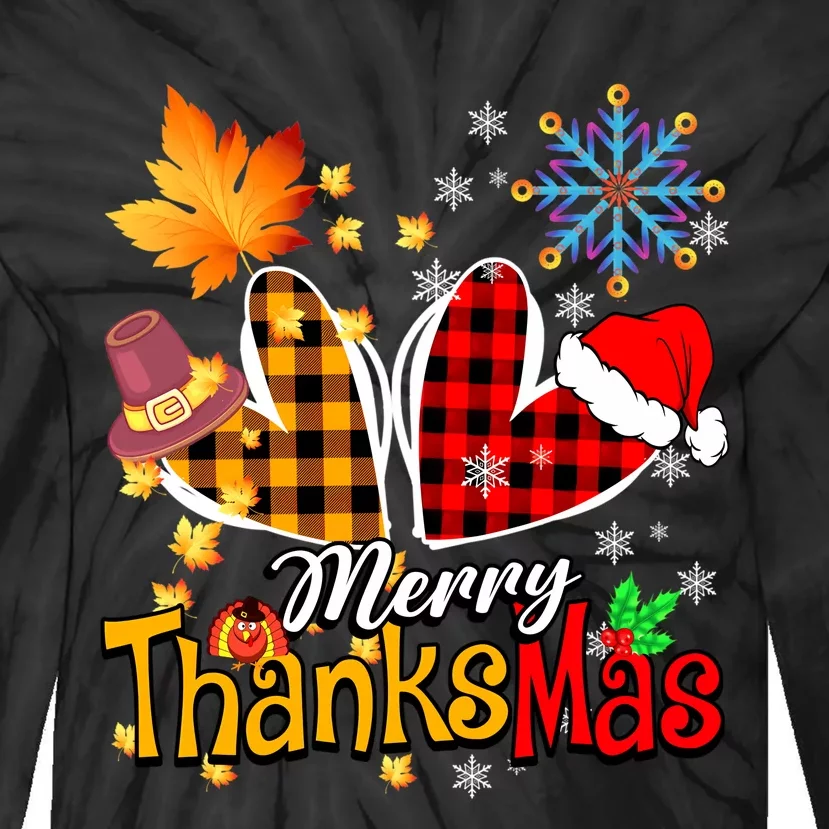 Merry Thanksmas Thanksgiving Christmas Heart Plaid Lover Tie-Dye Long Sleeve Shirt