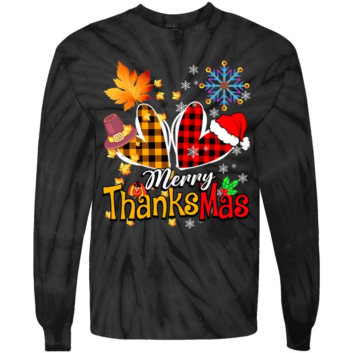 Merry Thanksmas Thanksgiving Christmas Heart Plaid Lover Tie-Dye Long Sleeve Shirt