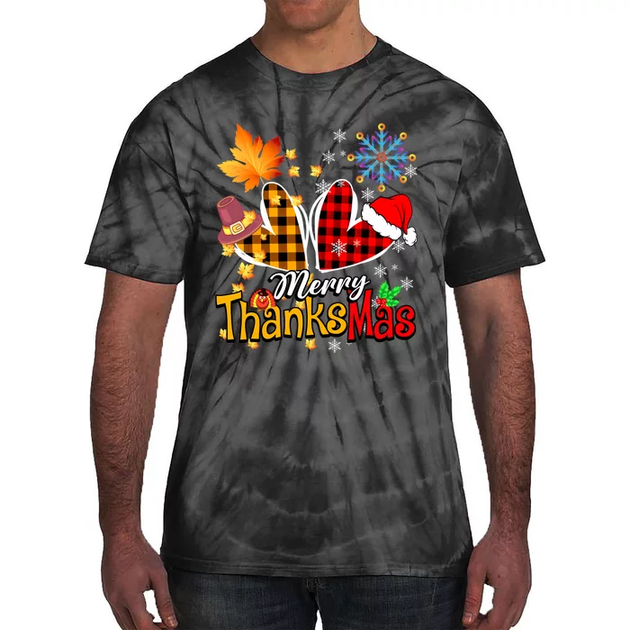 Merry Thanksmas Thanksgiving Christmas Heart Plaid Lover Tie-Dye T-Shirt