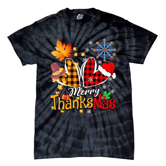 Merry Thanksmas Thanksgiving Christmas Heart Plaid Lover Tie-Dye T-Shirt