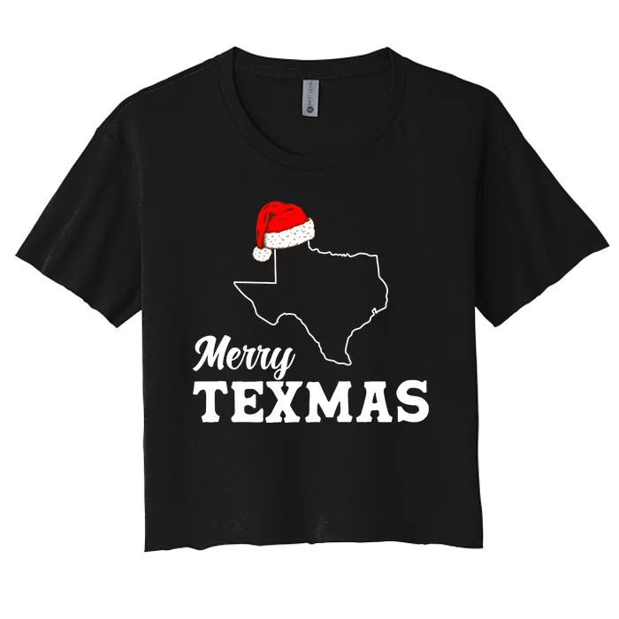 Merry Texmas Texas State Christmas Light Outline Santa Women's Crop Top Tee