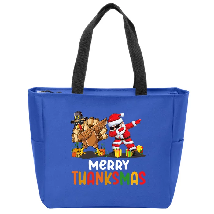 Merry Thanksmas Turkey With Pilgrim Hat And Santa Dabbing Gift Zip Tote Bag