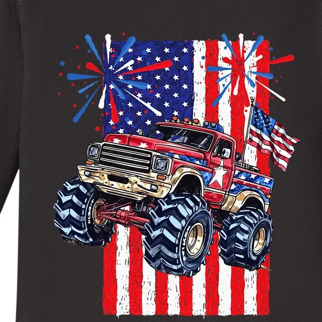 Monster Truck USA American Flag July 4th Parties Baby Long Sleeve Bodysuit