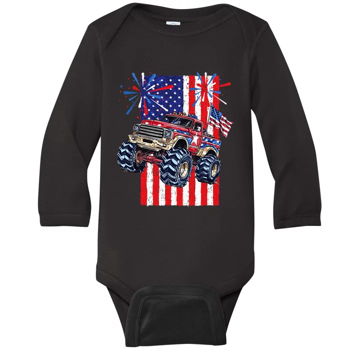 Monster Truck USA American Flag July 4th Parties Baby Long Sleeve Bodysuit