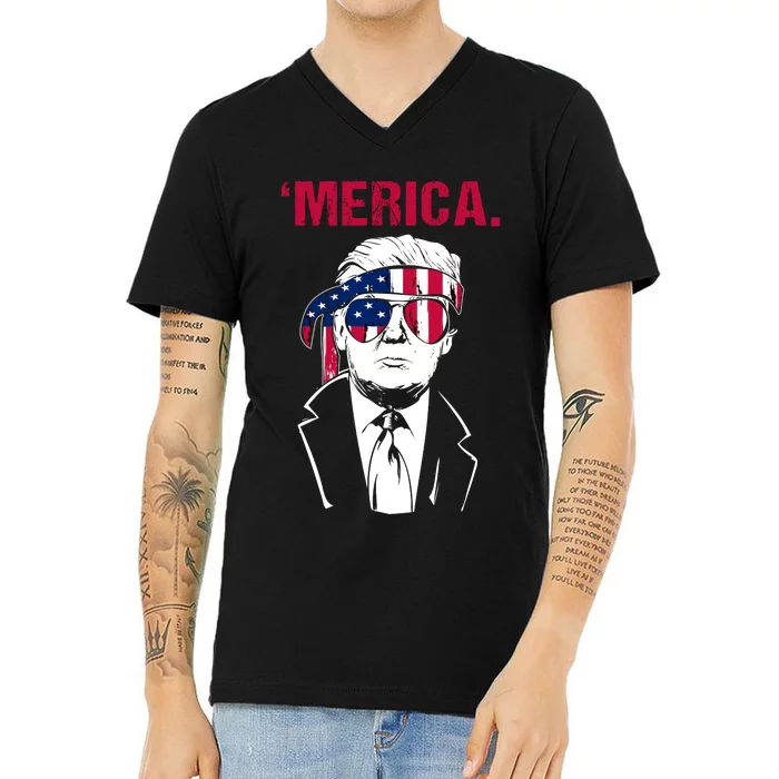 Merica Trump USA American Flag Vintage Funny 4th Of July V-Neck T-Shirt