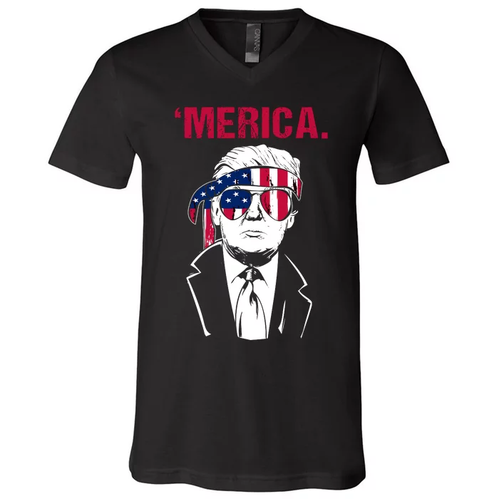 Merica Trump USA American Flag Vintage Funny 4th Of July V-Neck T-Shirt