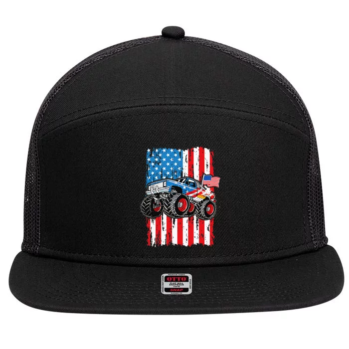 Monster Truck USA Flag Patriotic Men 4th Of July 7 Panel Mesh Trucker Snapback Hat