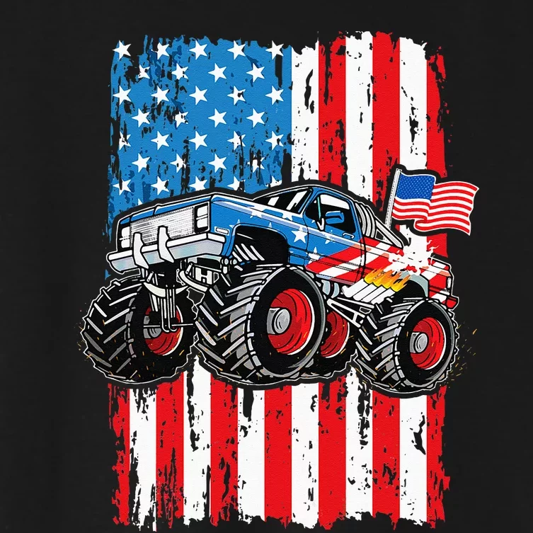 Monster Truck USA Flag Patriotic Men 4th Of July Women's Crop Top Tee