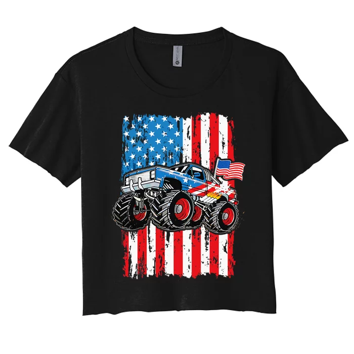 Monster Truck USA Flag Patriotic Men 4th Of July Women's Crop Top Tee