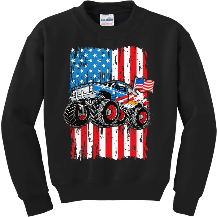 Monster Truck USA Flag Patriotic Men 4th Of July Kids Sweatshirt