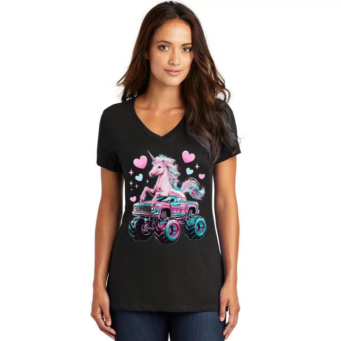 Monster Truck Unicorn Girl Birthday Party Monster Truck Women's V-Neck T-Shirt