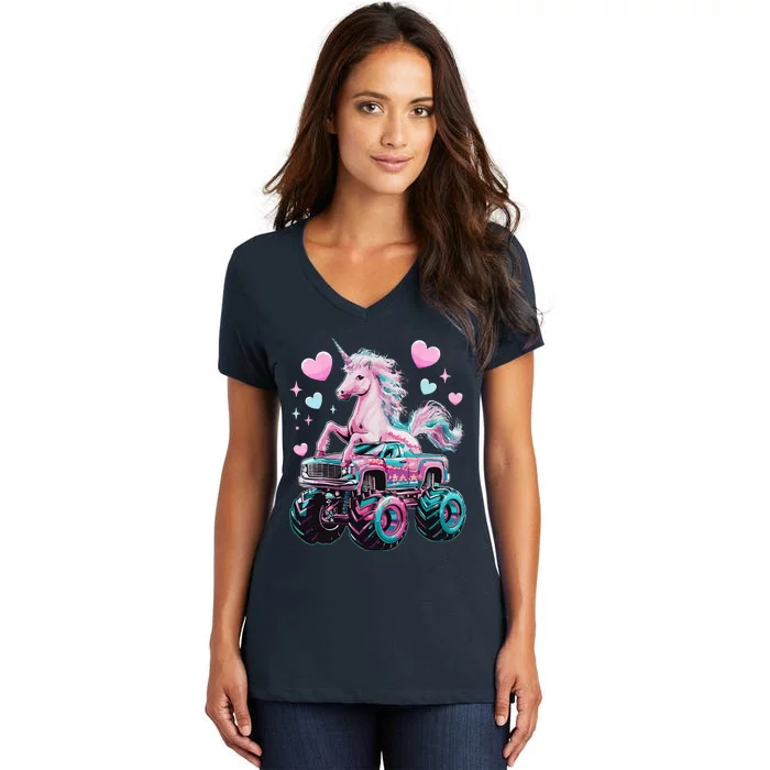 Monster Truck Unicorn Girl Birthday Party Monster Truck Women's V-Neck T-Shirt