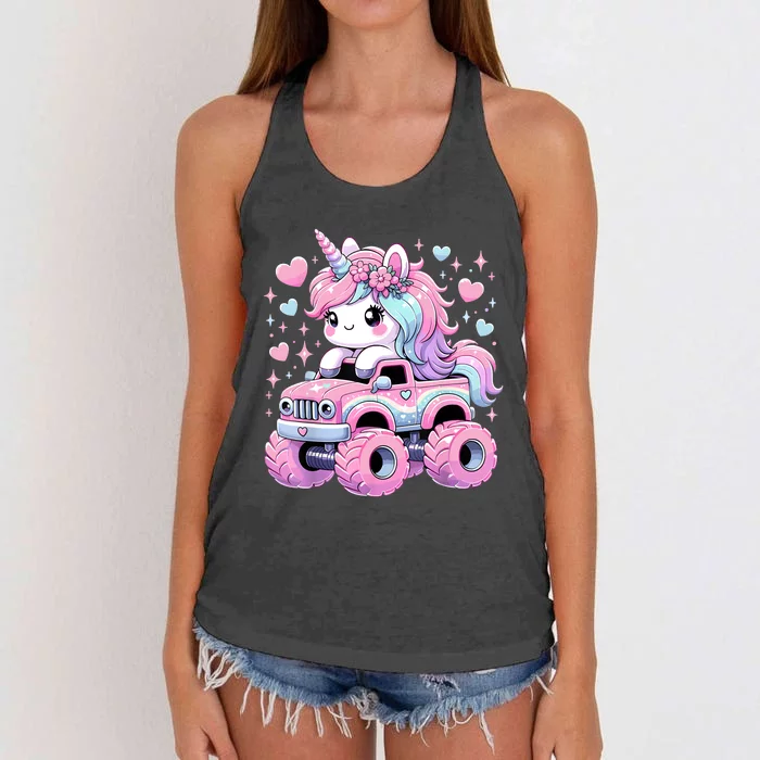 Monster Truck Unicorn Birthday Party Monster Truck Girl Women's Knotted Racerback Tank