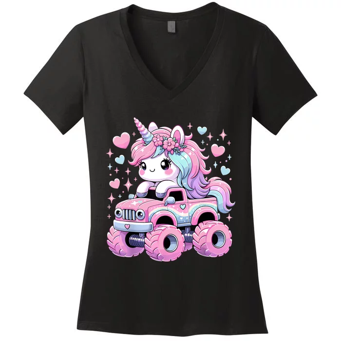 Monster Truck Unicorn Birthday Party Monster Truck Girl Women's V-Neck T-Shirt