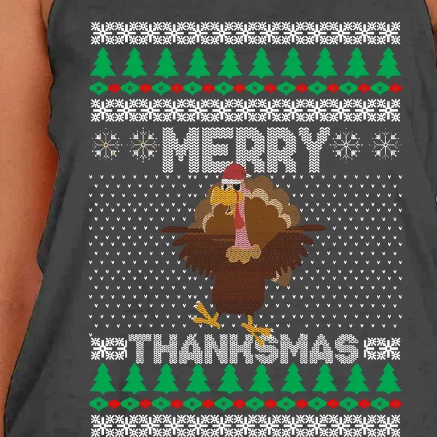 Merry Thanksmas Ugly Christmas Thanksgiving Turkey Women's Knotted Racerback Tank