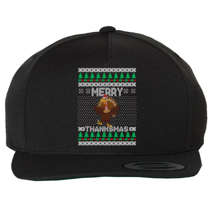 Merry Thanksmas Ugly Christmas Thanksgiving Turkey Wool Snapback Cap