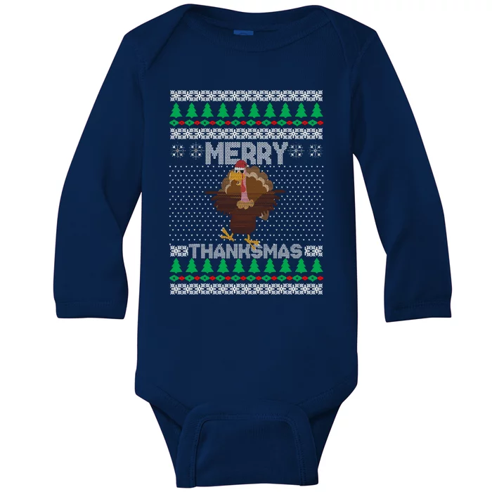 Merry Thanksmas Ugly Christmas Thanksgiving Turkey Baby Long Sleeve Bodysuit