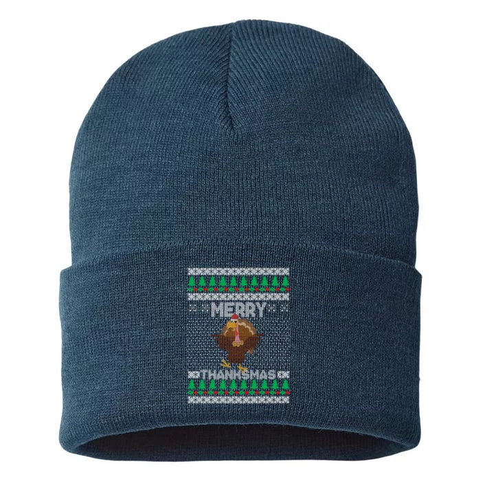 Merry Thanksmas Ugly Christmas Thanksgiving Turkey Sustainable Knit Beanie