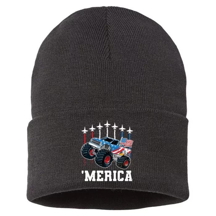 Monster Truck Usa Flag Patriotics Boy 4th Of July Sustainable Knit Beanie