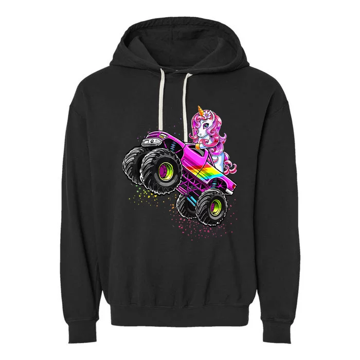 Monster Truck Unicorn Birthday Party Monster Truck Girl Garment-Dyed Fleece Hoodie