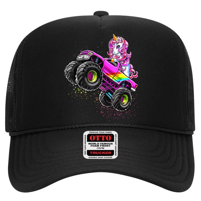 Monster Truck Unicorn Birthday Party Monster Truck Girl High Crown Mesh Trucker Hat