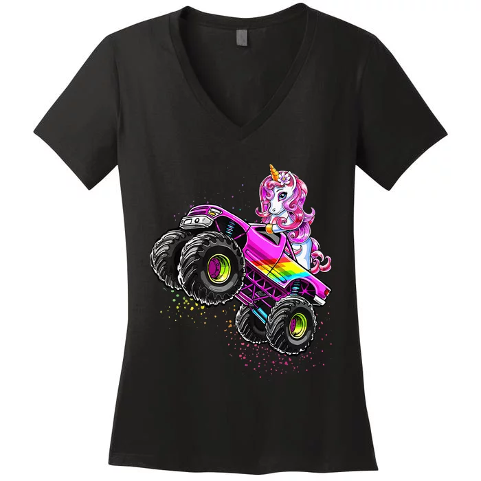 Monster Truck Unicorn Birthday Party Monster Truck Girl Women's V-Neck T-Shirt