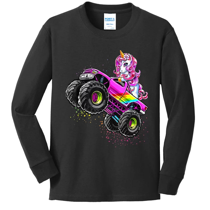 Monster Truck Unicorn Birthday Party Monster Truck Girl Kids Long Sleeve Shirt