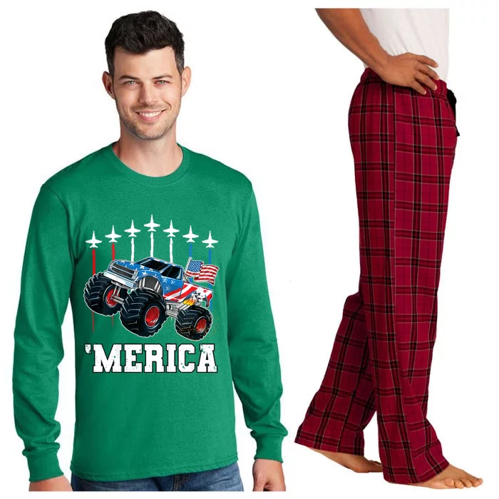 Monster Truck Usa Flag Patriotic Boy 4th Of July Long Sleeve Pajama Set