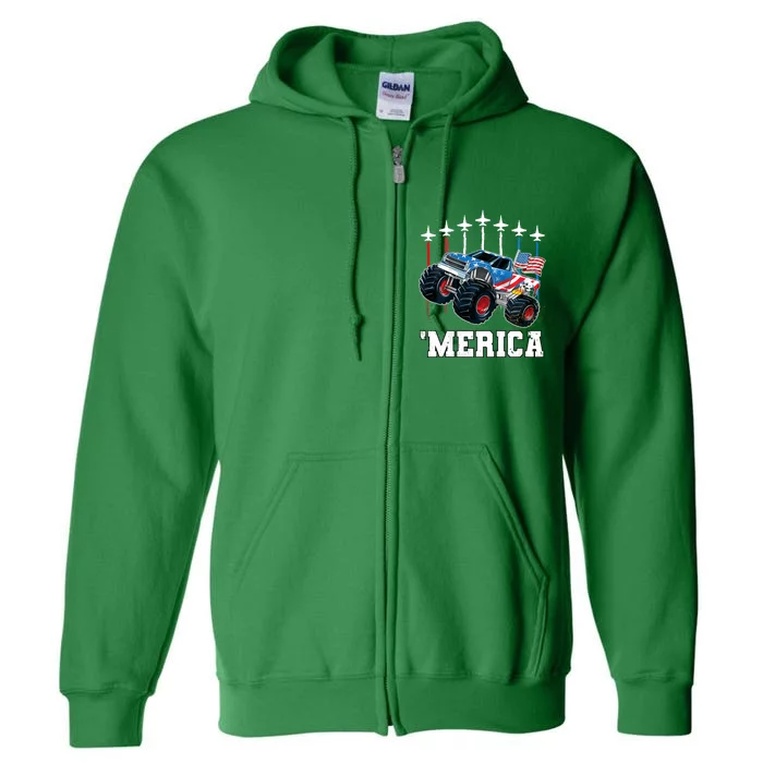 Monster Truck Usa Flag Patriotic Boy 4th Of July Full Zip Hoodie