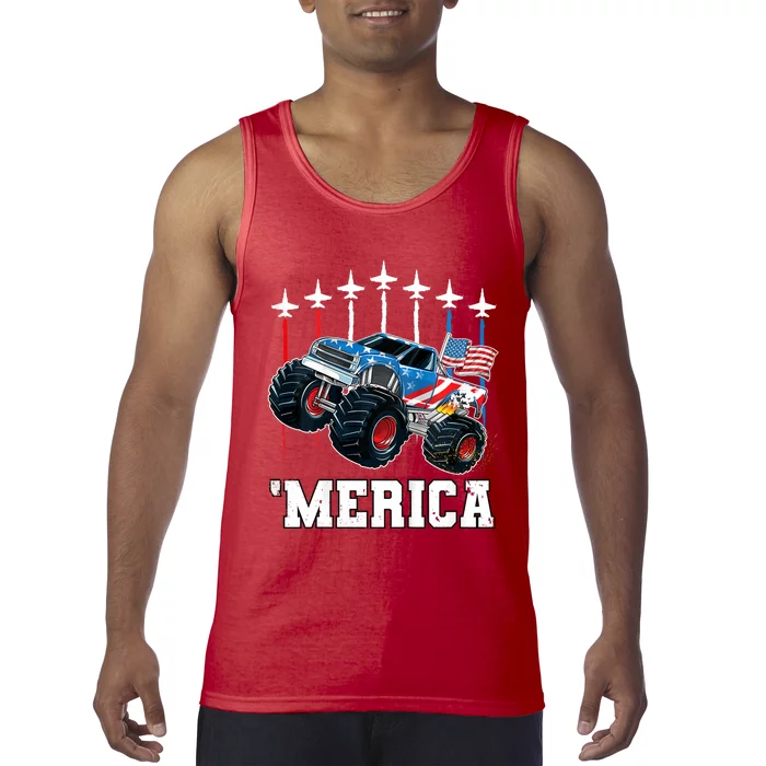 Monster Truck Usa Flag Patriotic Boy 4th Of July Tank Top