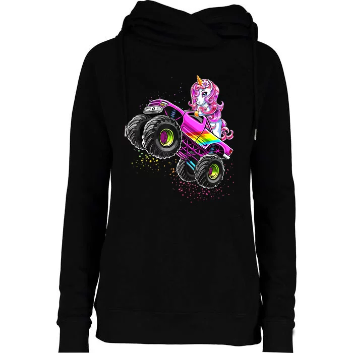 Monster Truck Unicorn Birthday Party Monster Truck Girl Gift Womens Funnel Neck Pullover Hood