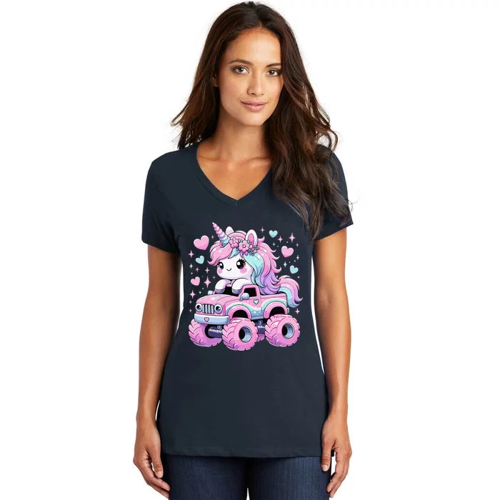 Monster Truck Unicorn Birthday Party Monster Truck Girl Women's V-Neck T-Shirt