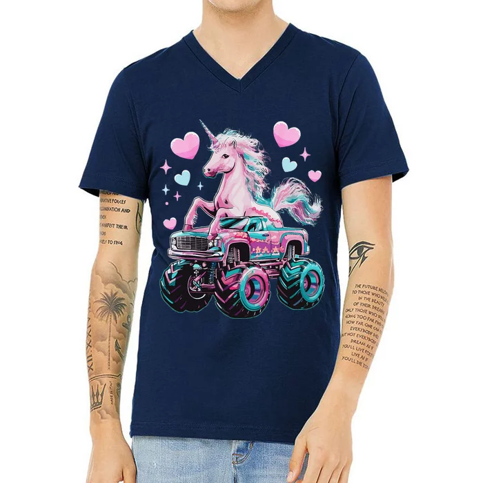 Monster Truck Unicorn Girl Birthday Party Monster Truck V-Neck T-Shirt